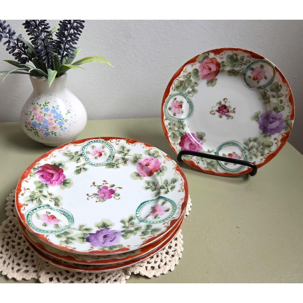 Antique Style Floral Porcelain Plates Set of 4 Hand Painted Roses Gold Trim